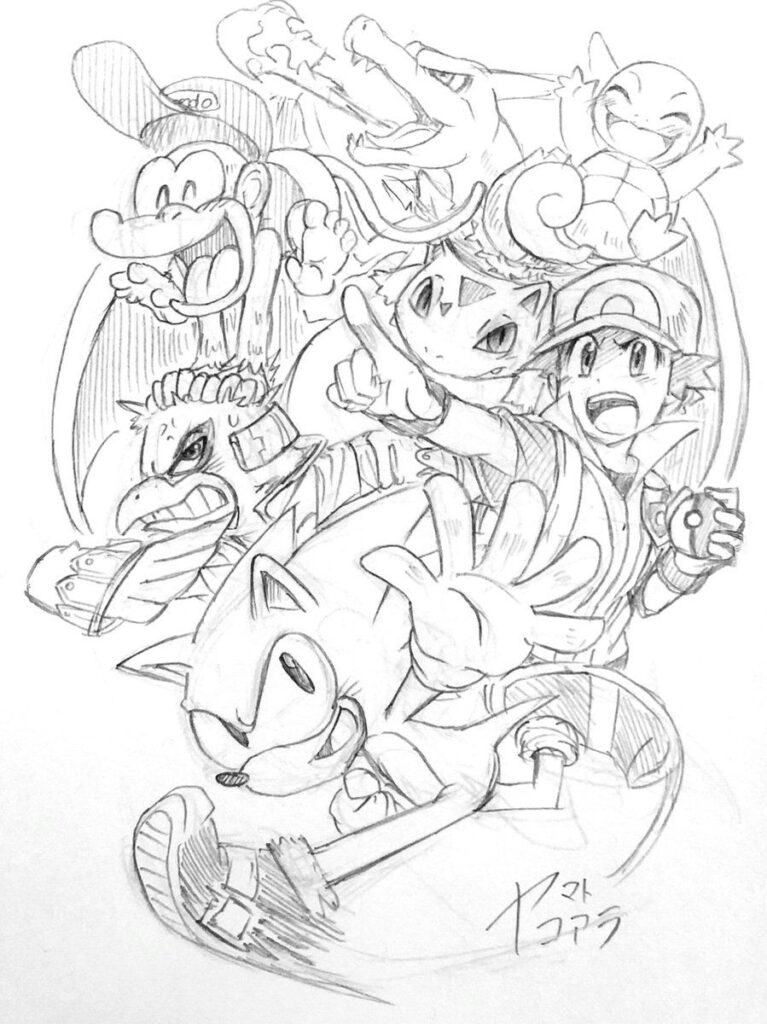 dibujo a lapiz de pokemon donkey kong y sonic por @KoaraYmt en twitter - Dibujando un Poco