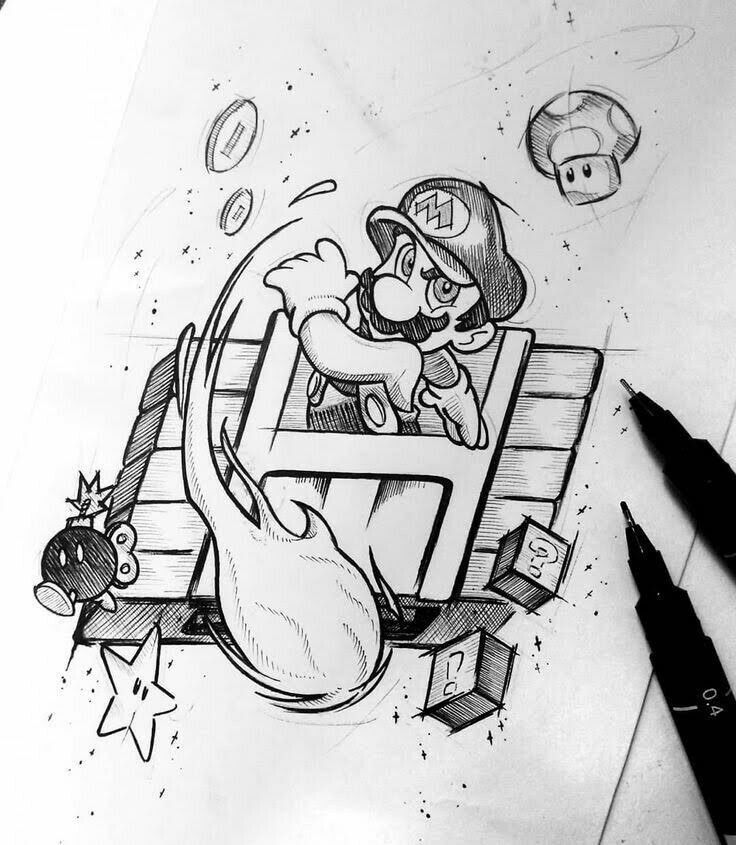 dibujo a lapiz de super mario por @maatheeuxx en Instagram - Dibujando un Poco